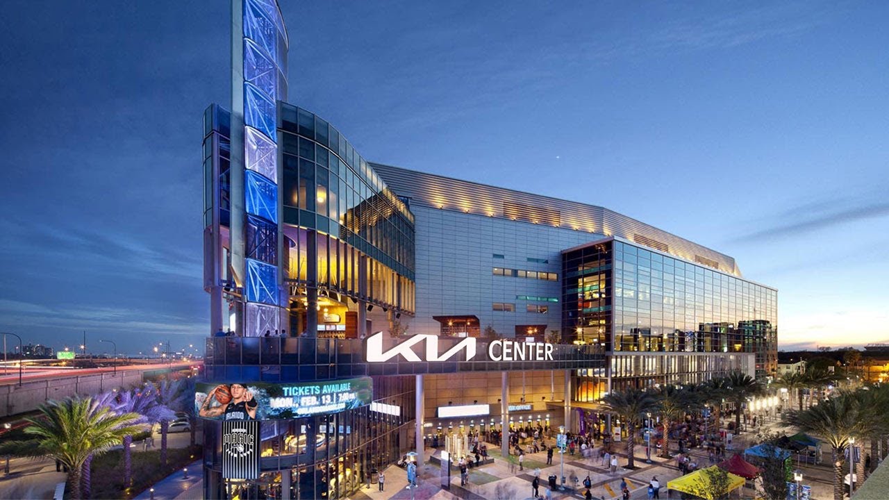 Kia Center in downtown Orlando at dusk